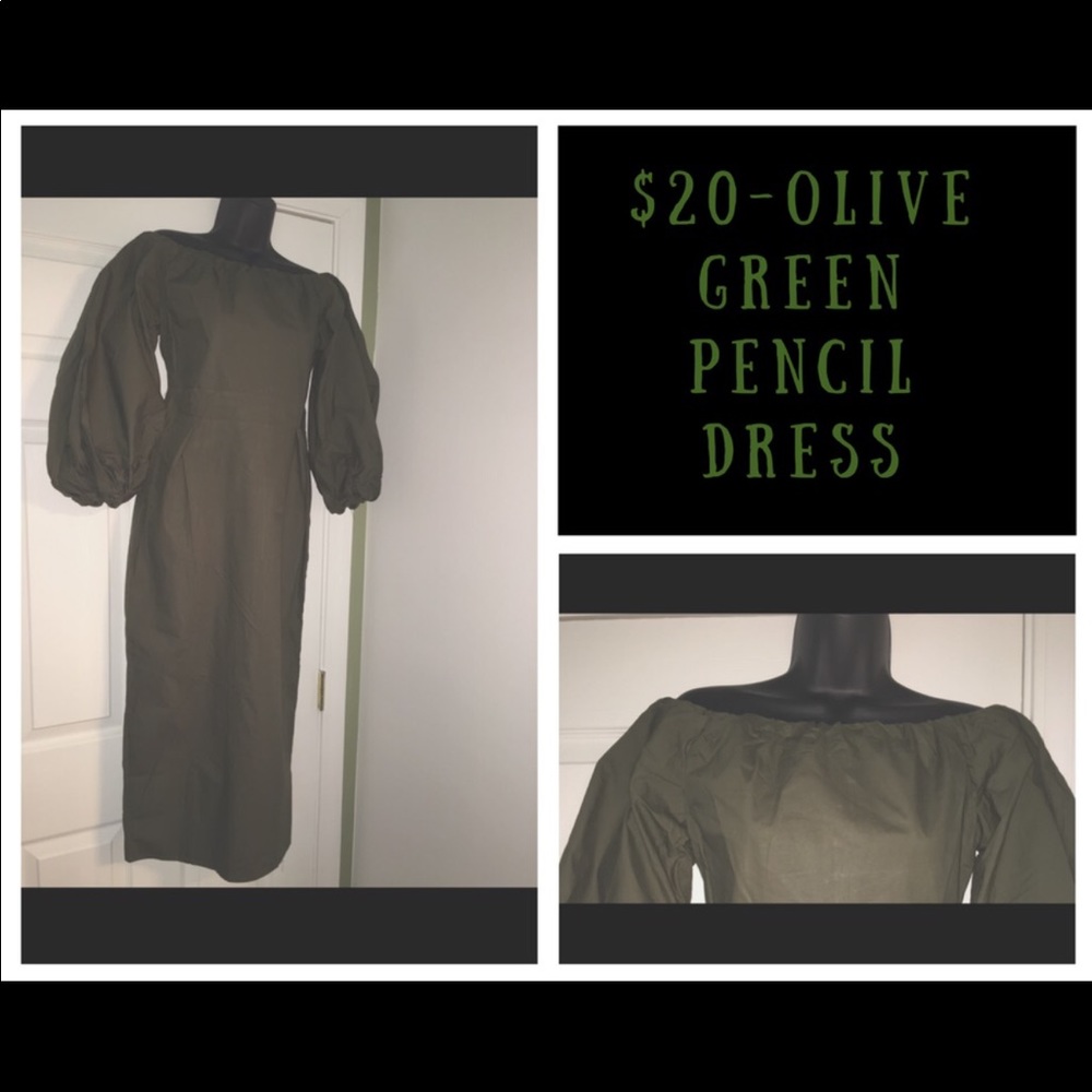 Green, off shoulder, pencil dress w/puff sleeves